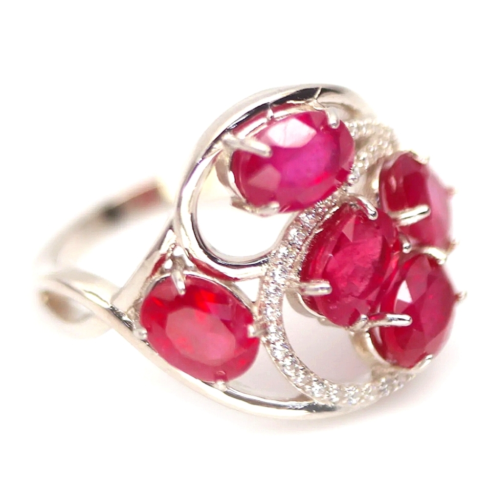 Heated Natural Pink Ruby & CZ Ring 925 Sterling Silver